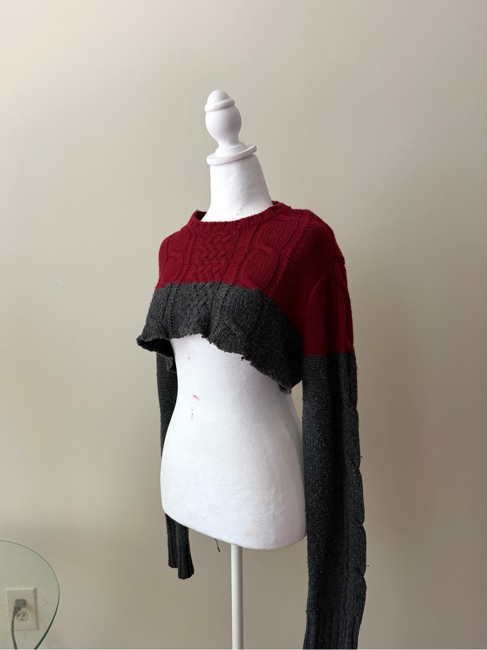 Guess Two-Tone Cropped Cable Knit Sweater - Red & Dark Gray